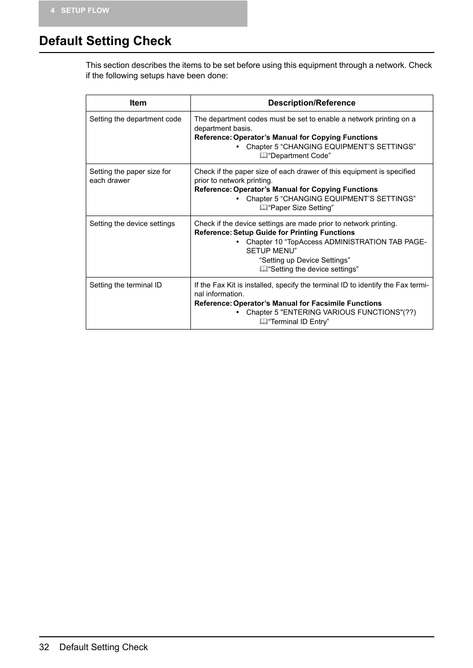 Default setting check, P.32 “default setting check | Toshiba E-STUDIO 165 User Manual | Page 32 / 62