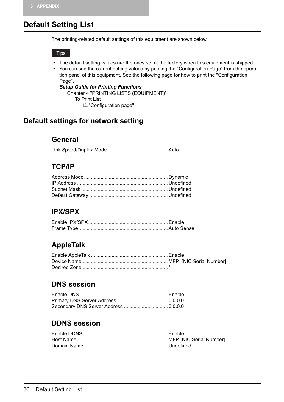 Default setting list, Default settings for network setting, Default settings for network setting general | Tcp/ip, Ipx/spx, Appletalk, Dns session, Ddns session | Toshiba E-STUDIO 165 User Manual | Page 36 / 62