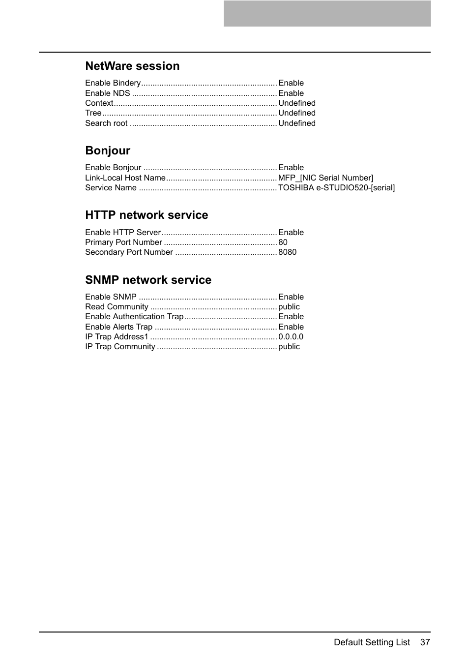 Netware session, Bonjour, Snmp network service | Toshiba E-STUDIO 165 User Manual | Page 37 / 62