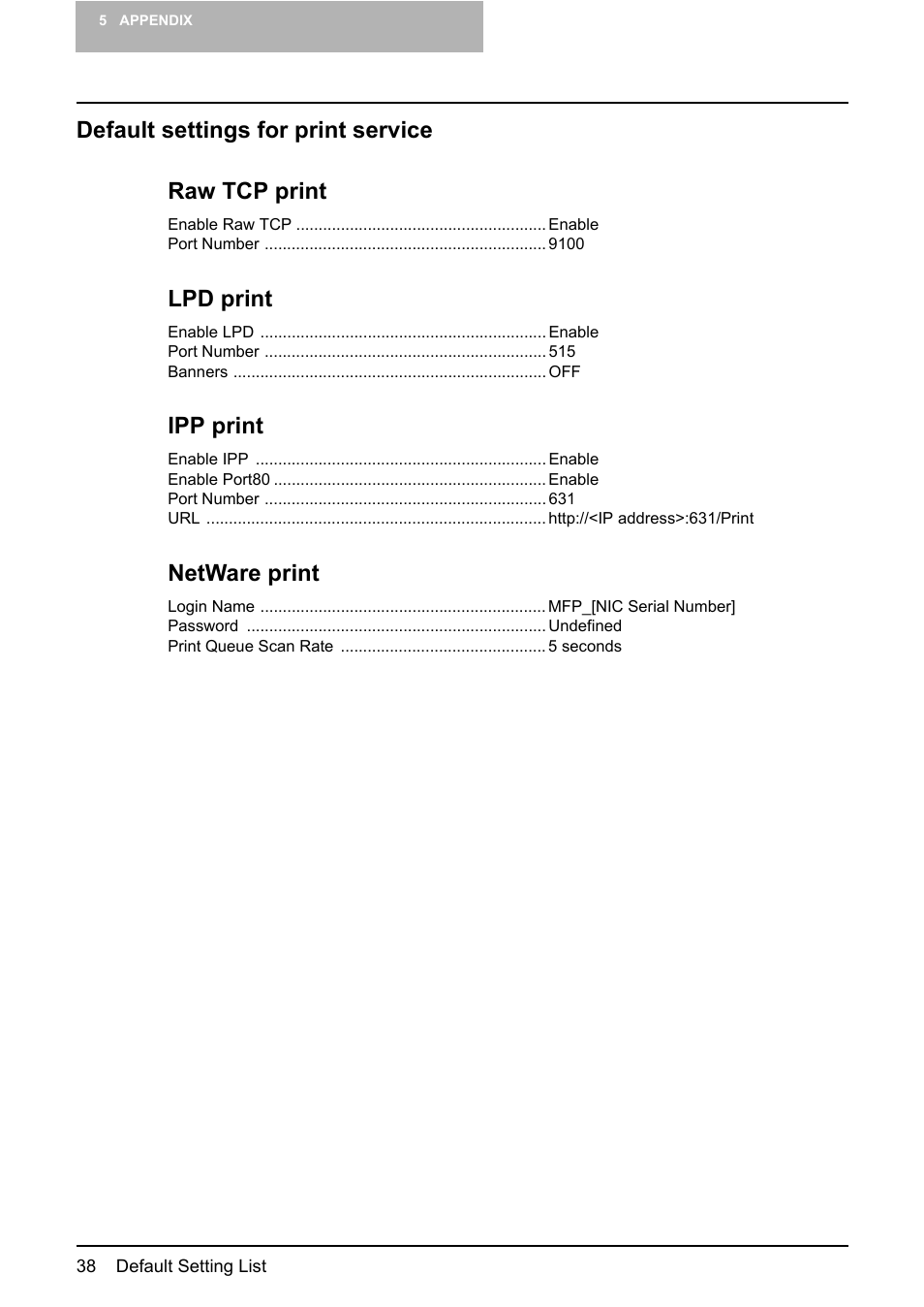 Default settings for print service, Default settings for print service raw tcp print, Lpd print | Ipp print, Netware print | Toshiba E-STUDIO 165 User Manual | Page 38 / 62