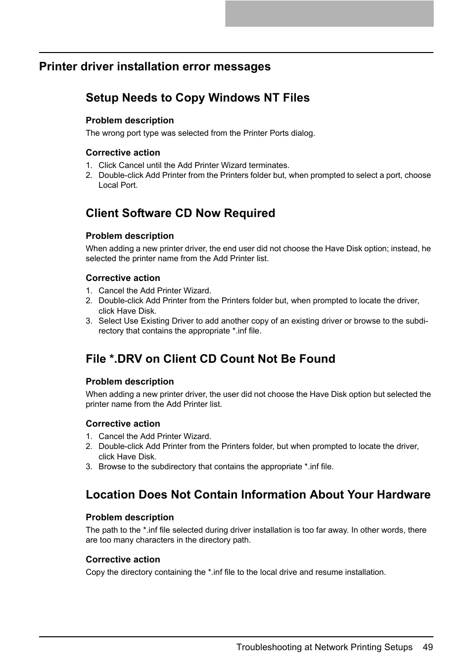 Printer driver installation error messages, P.49 “printer driver installation error mes, Sages | Client software cd now required, File *.drv on client cd count not be found | Toshiba E-STUDIO 165 User Manual | Page 49 / 62