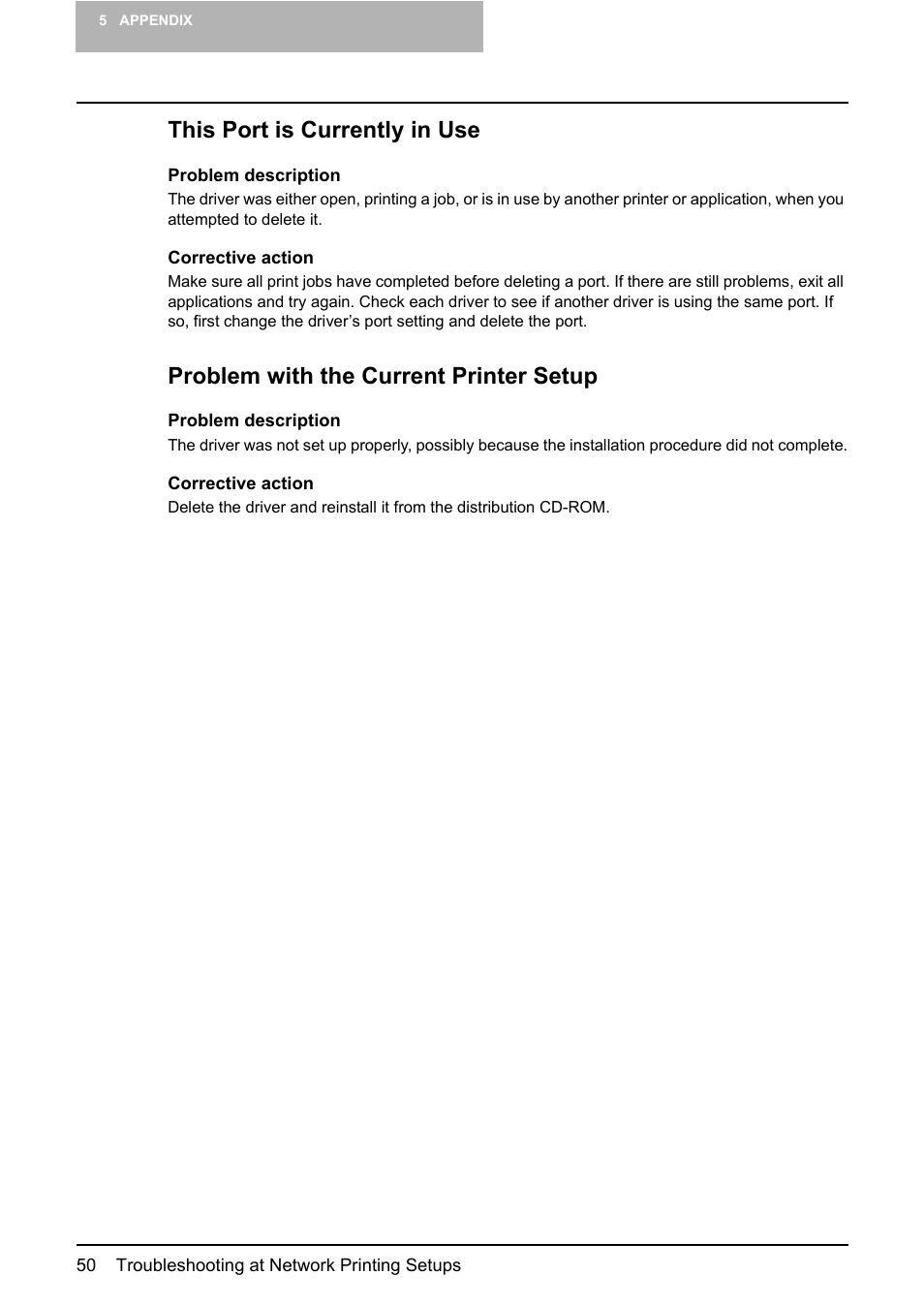 This port is currently in use, Problem with the current printer setup | Toshiba E-STUDIO 165 User Manual | Page 50 / 62