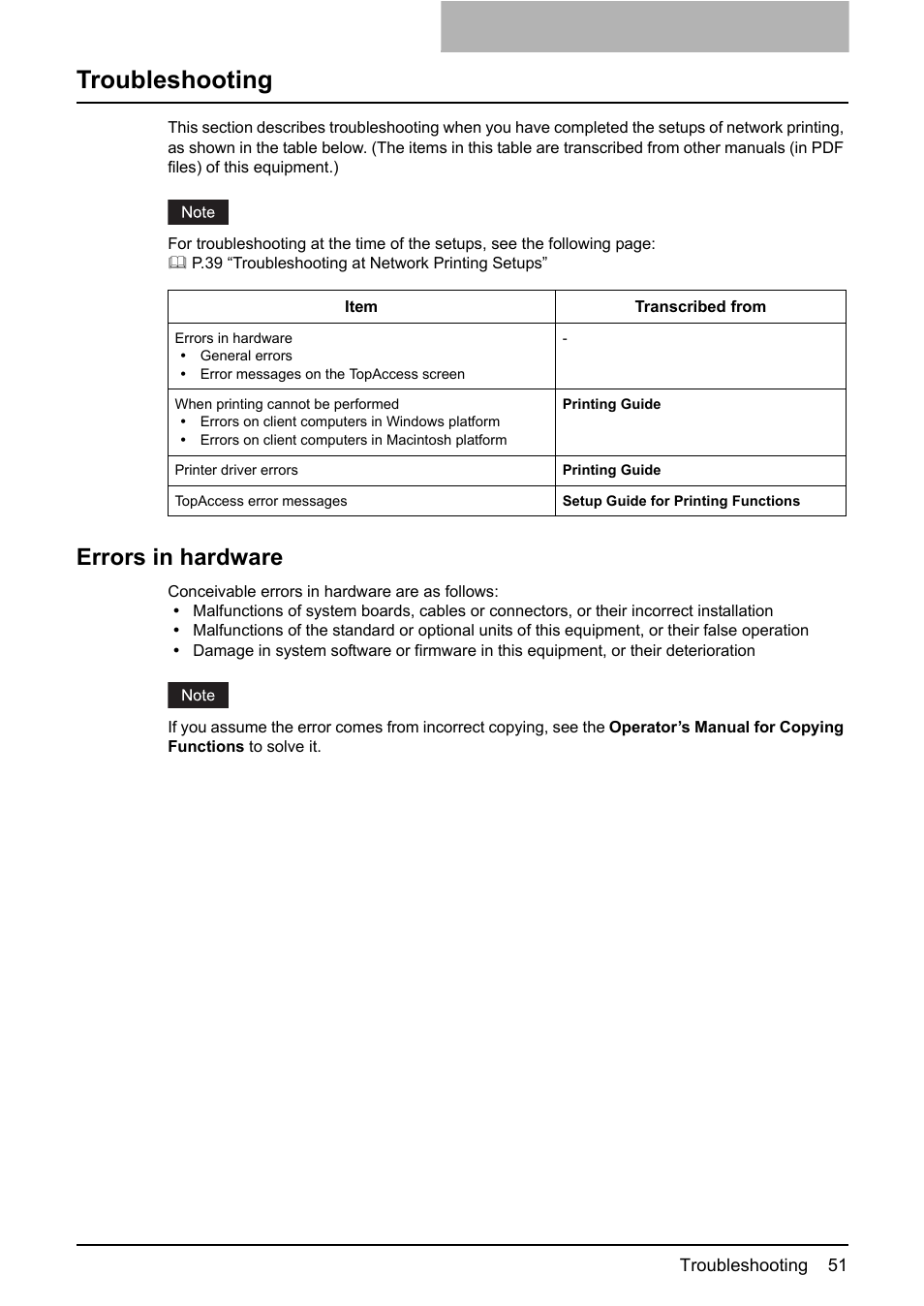 Troubleshooting, Errors in hardware, P.51 “troubleshooting | Toshiba E-STUDIO 165 User Manual | Page 51 / 62