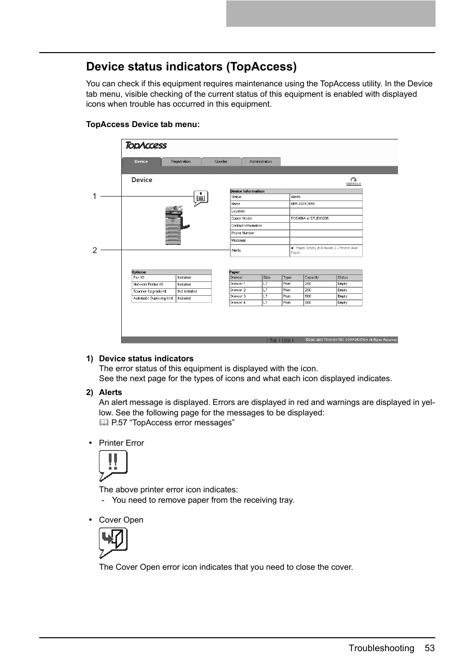 Device status indicators (topaccess) | Toshiba E-STUDIO 165 User Manual | Page 53 / 62