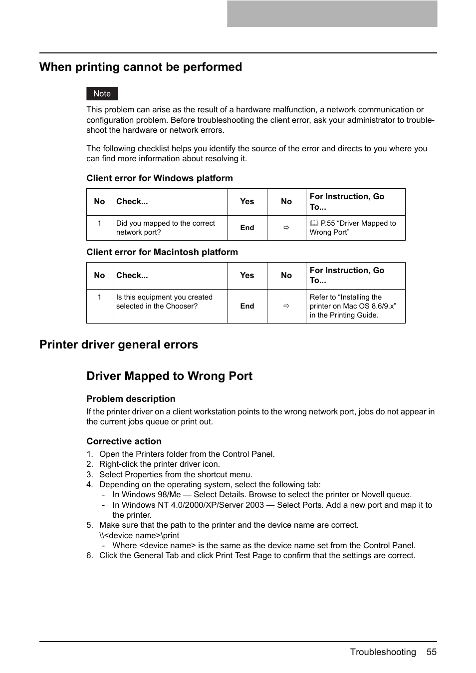 When printing cannot be performed, Printer driver general errors, P.55 “when printing cannot | Be performed, P.55 “printer driver general, Errors | Toshiba E-STUDIO 165 User Manual | Page 55 / 62