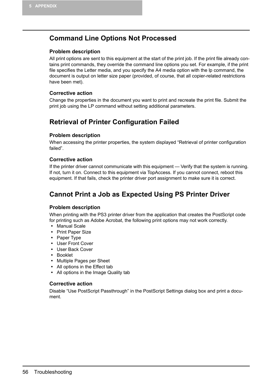 Command line options not processed, Retrieval of printer configuration failed | Toshiba E-STUDIO 165 User Manual | Page 56 / 62