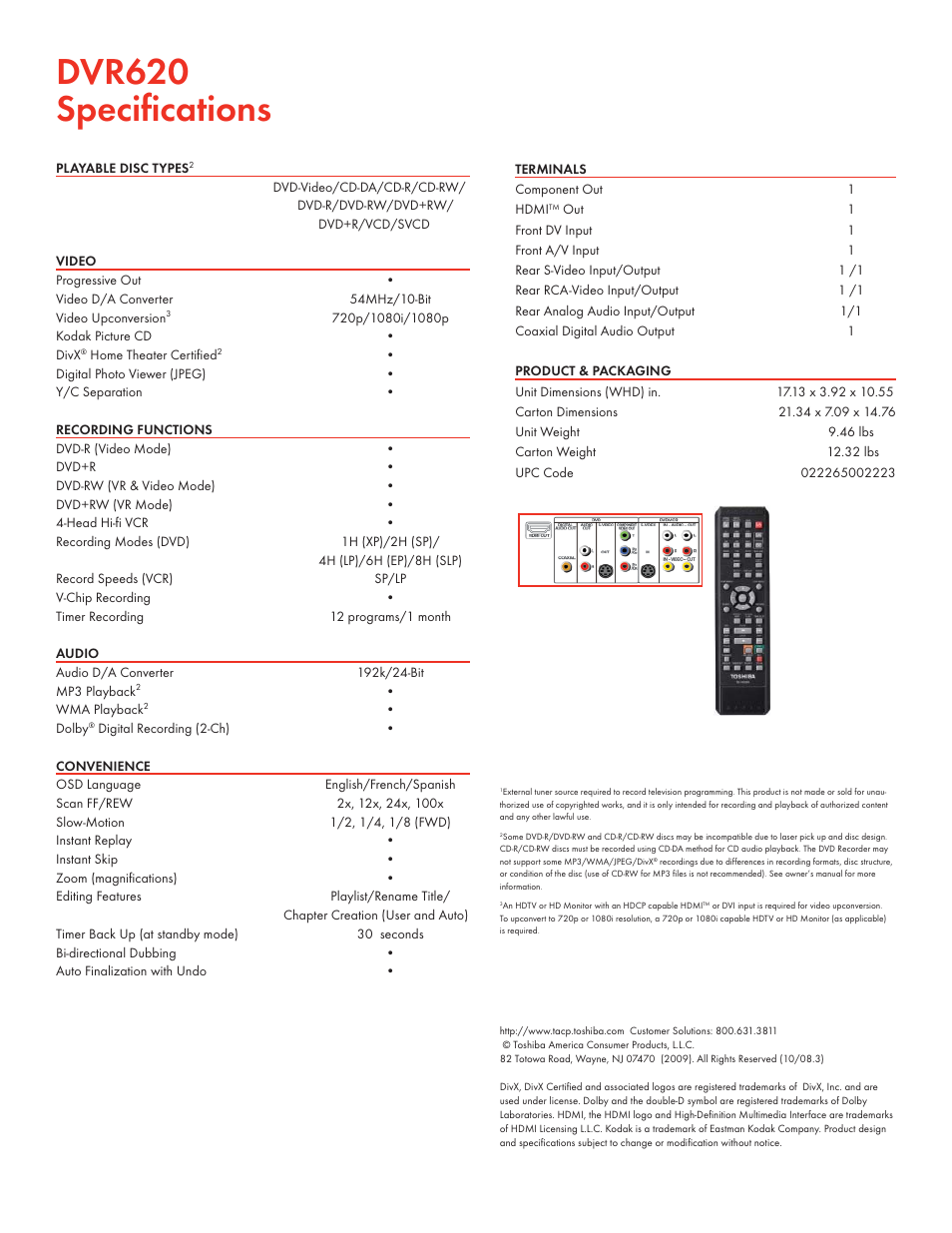 Dvr620 speciﬁ cations | Toshiba DVR620 User Manual | Page 2 / 2