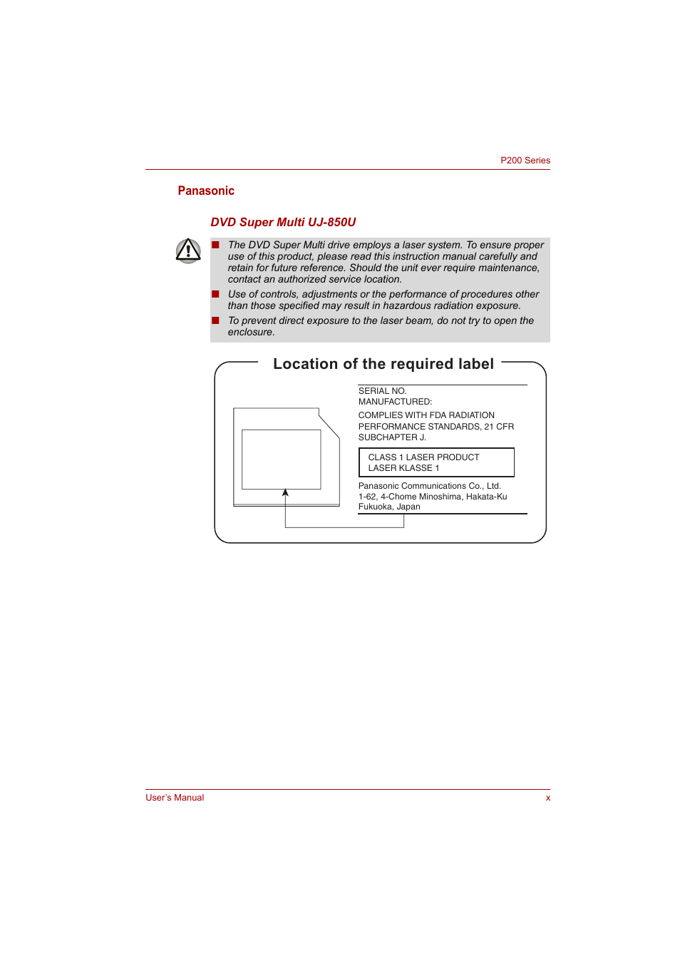 Location of the required label | Toshiba P200 Series User Manual | Page 10 / 183