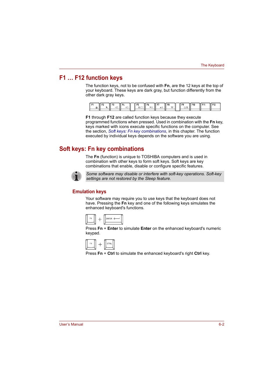 F1 … f12 function keys, Soft keys: fn key combinations | Toshiba P200 Series User Manual | Page 101 / 183