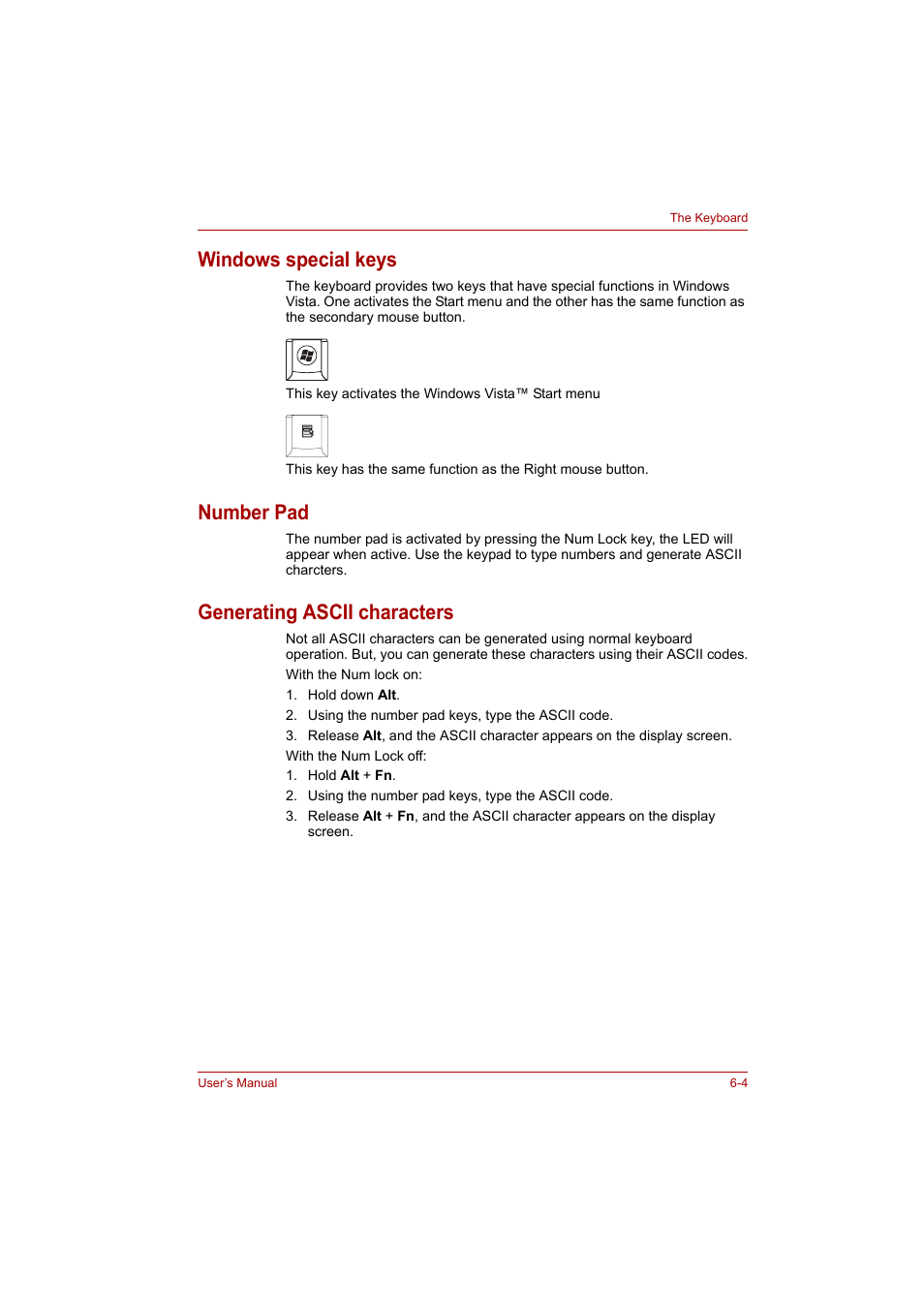 Windows special keys, Number pad, Generating ascii characters | Toshiba P200 Series User Manual | Page 103 / 183