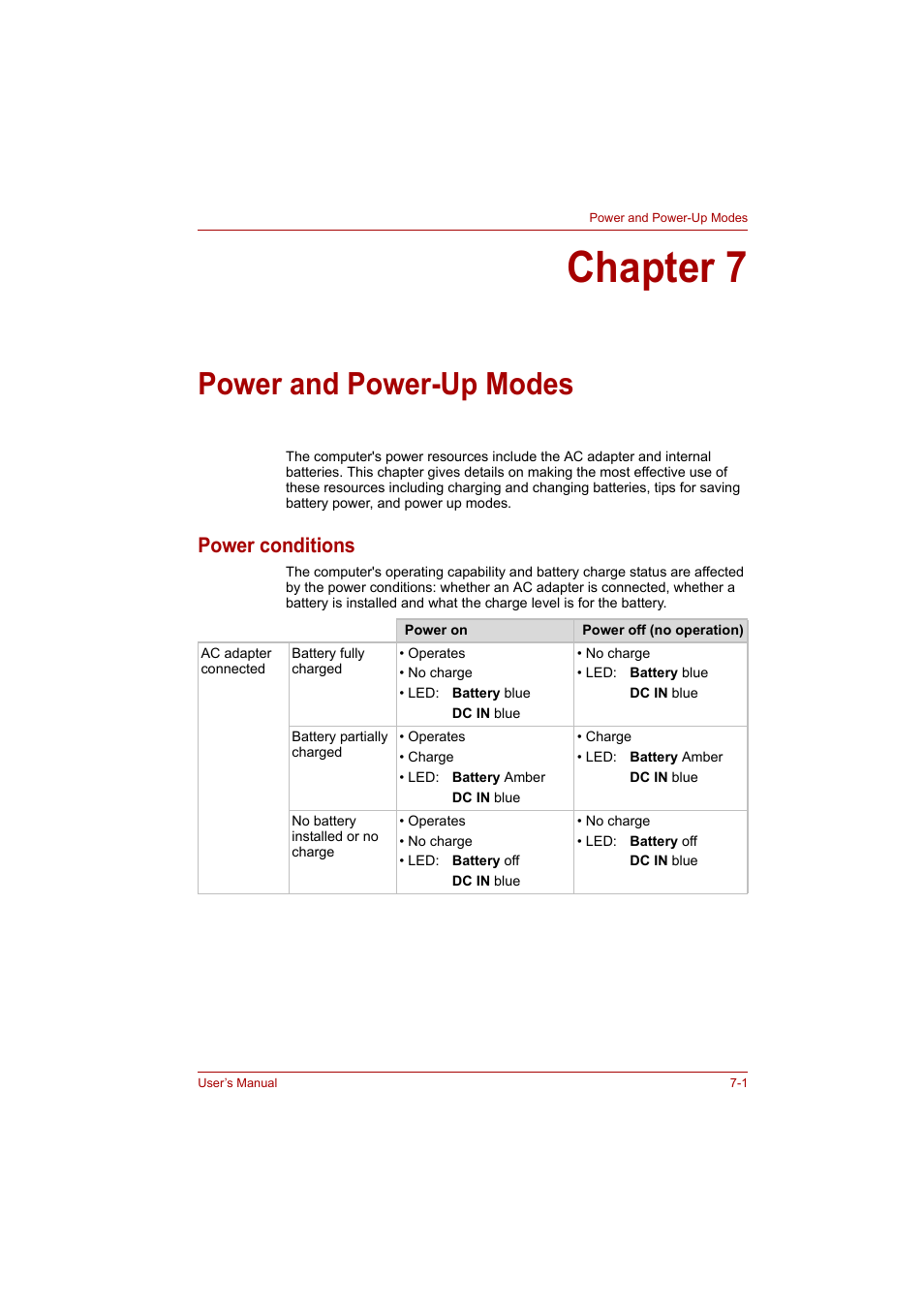 Chapter 7: power and power-up modes, Power conditions, Chapter 7 | Power and power-up modes, Power conditions -1 | Toshiba P200 Series User Manual | Page 104 / 183