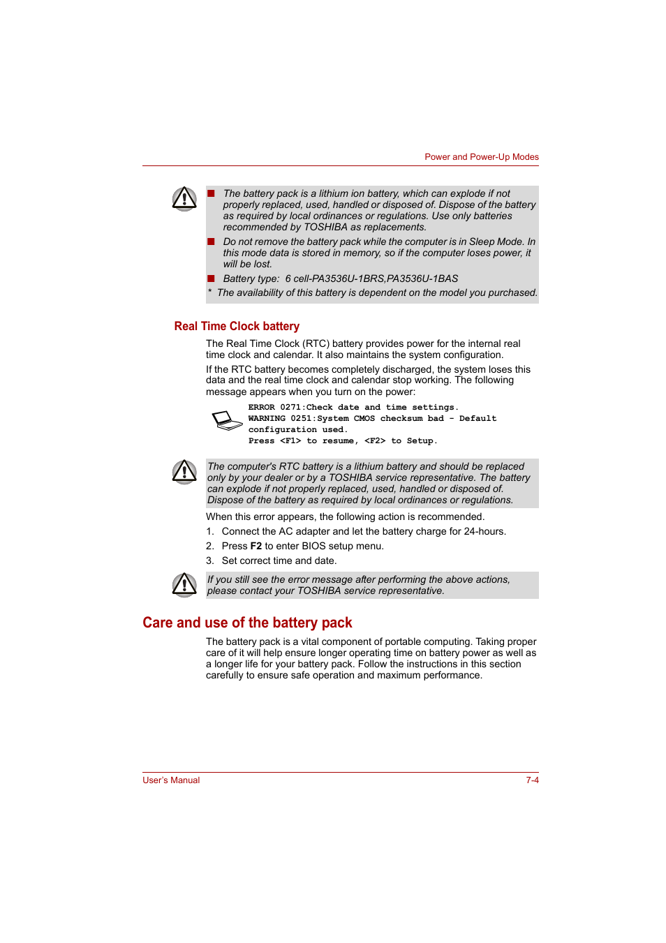 Care and use of the battery pack, Care and use of the battery pack -4 | Toshiba P200 Series User Manual | Page 107 / 183