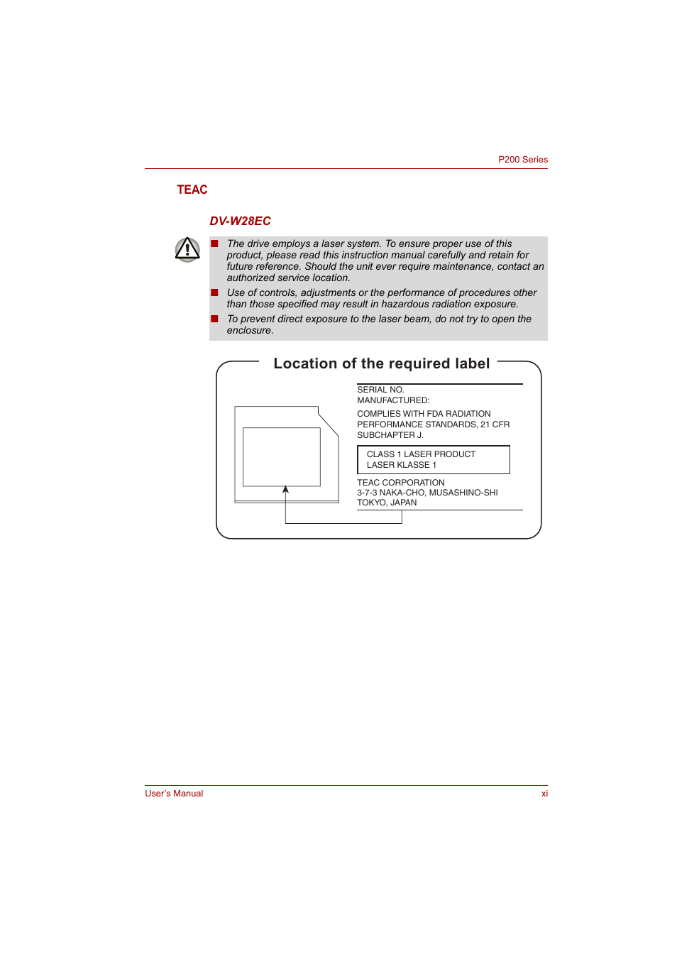 Location of the required label | Toshiba P200 Series User Manual | Page 11 / 183