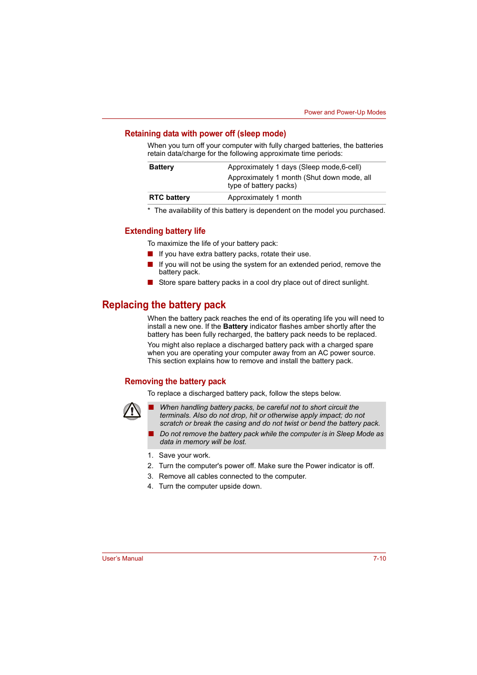 Replacing the battery pack, Replacing the battery pack -10 | Toshiba P200 Series User Manual | Page 113 / 183