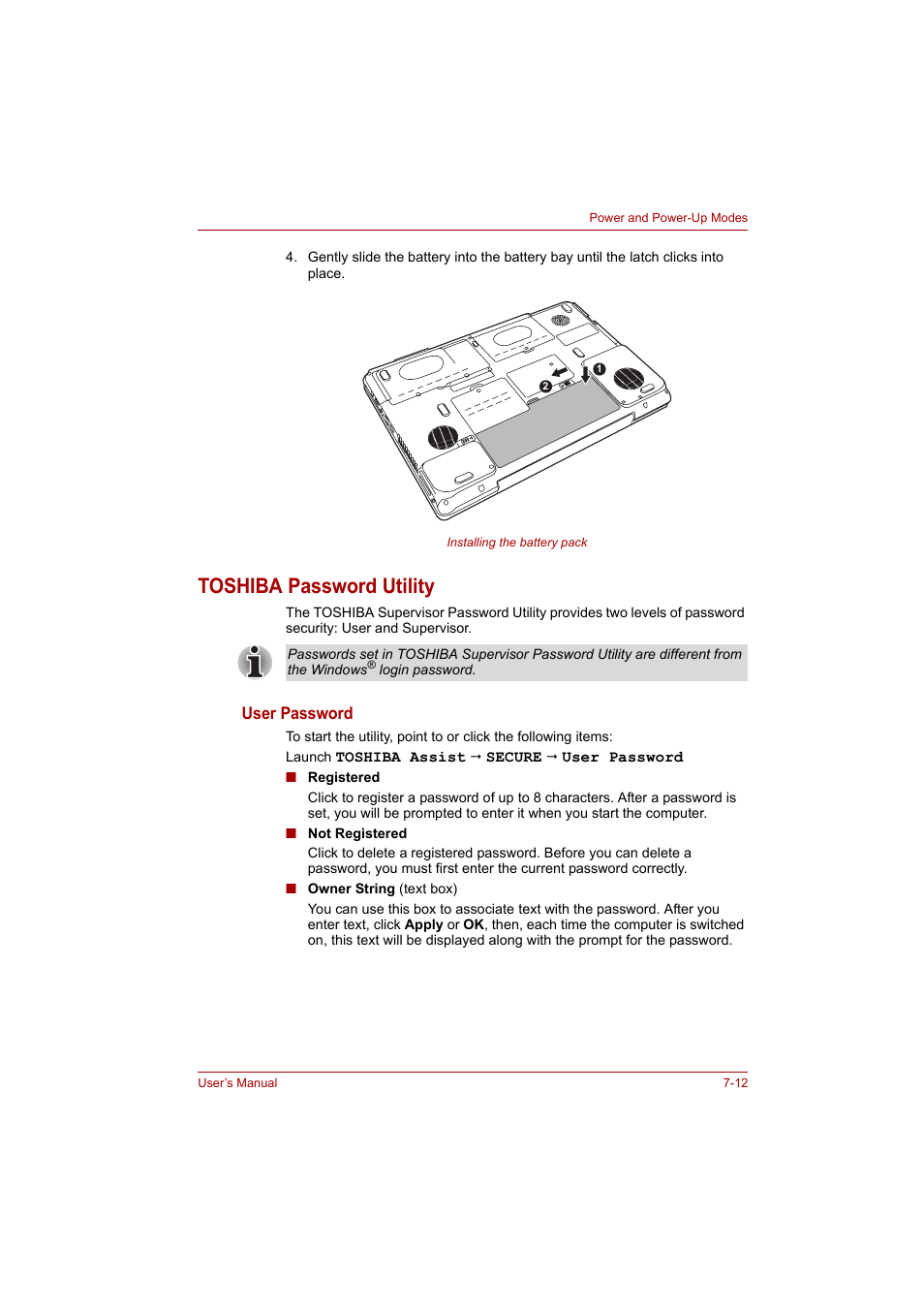 Toshiba password utility, Toshiba password utility -12 | Toshiba P200 Series User Manual | Page 115 / 183