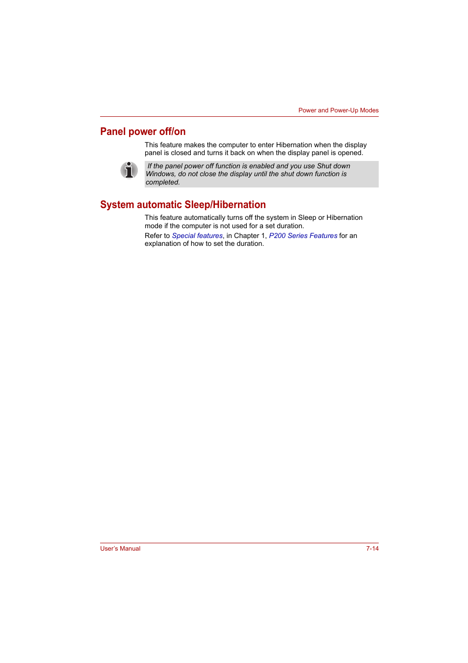 Panel power off/on, System automatic sleep/hibernation | Toshiba P200 Series User Manual | Page 117 / 183