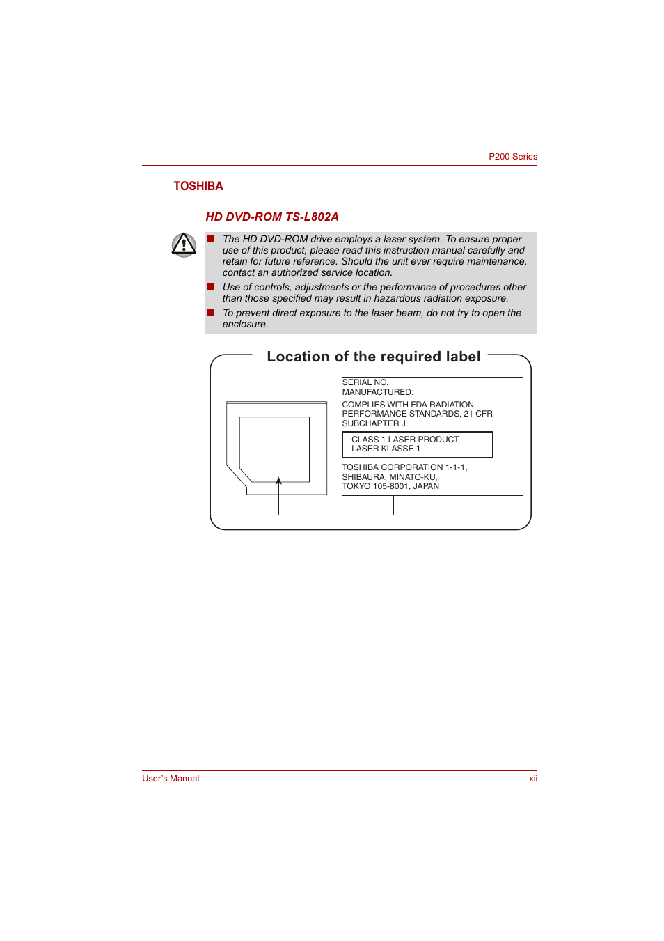 Location of the required label | Toshiba P200 Series User Manual | Page 12 / 183