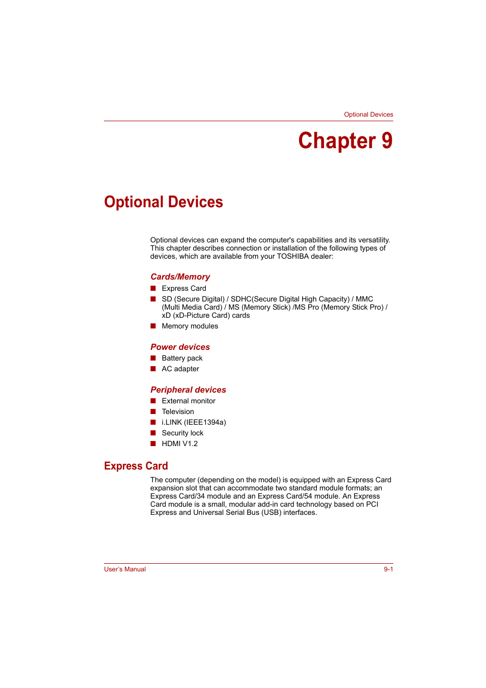 Chapter 9: optional devices, Express card, Chapter 9 | Optional devices, Express card -1, Optional, Devices | Toshiba P200 Series User Manual | Page 122 / 183