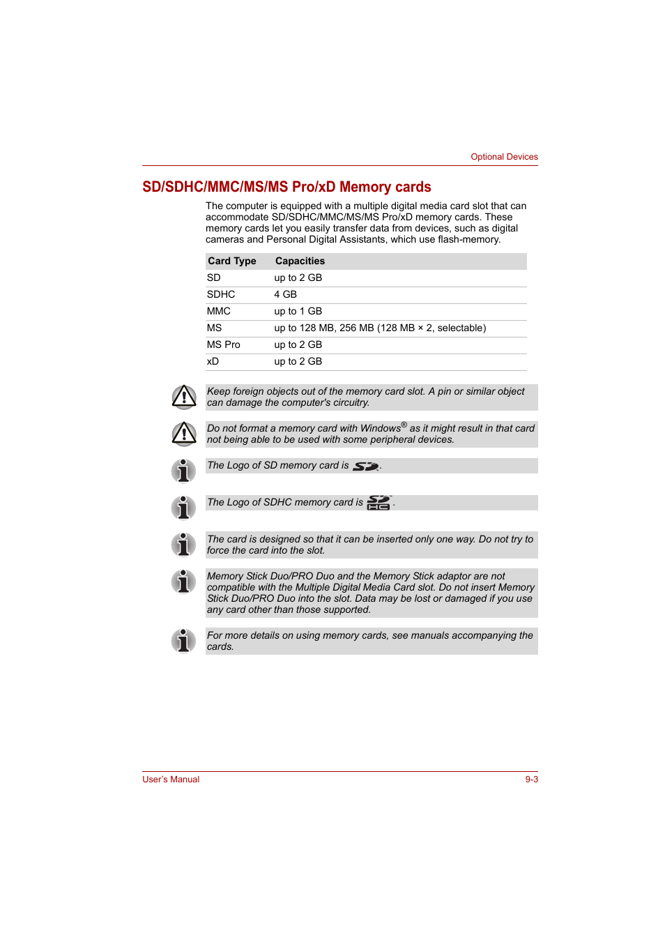 Sd/sdhc/mmc/ms/ms pro/xd memory cards, Sd/sdhc/mmc/ms/ms pro/xd memory cards -3 | Toshiba P200 Series User Manual | Page 124 / 183