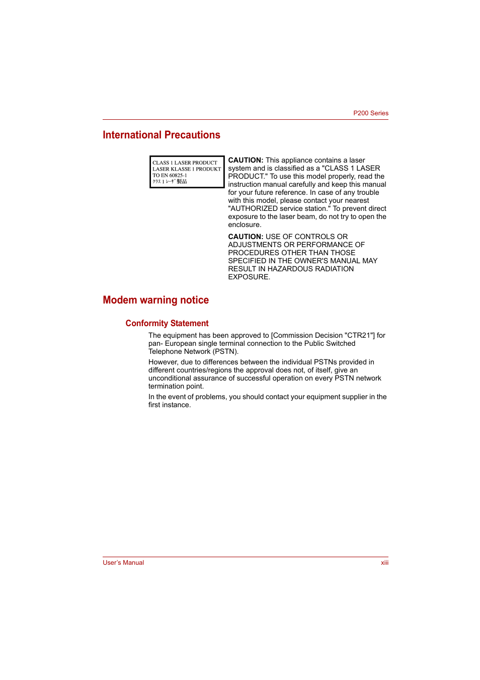 International precautions modem warning notice | Toshiba P200 Series User Manual | Page 13 / 183