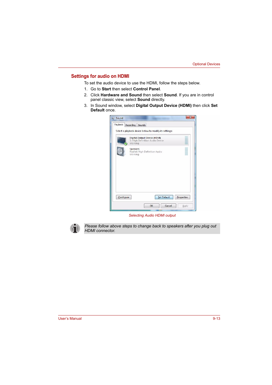 Settings for audio on hdmi | Toshiba P200 Series User Manual | Page 134 / 183