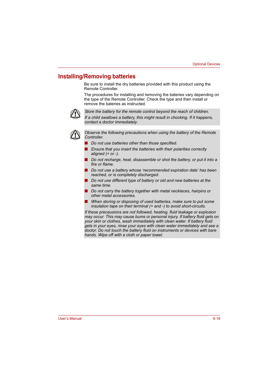 Installing/removing batteries, Installing/removing batteries -18 | Toshiba P200 Series User Manual | Page 139 / 183