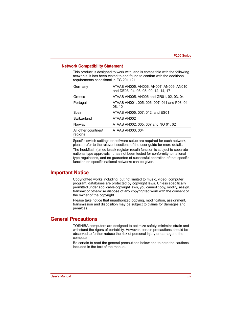 Important notice, General precautions | Toshiba P200 Series User Manual | Page 14 / 183