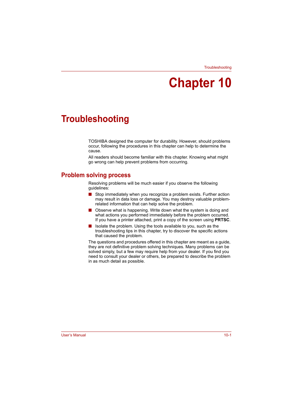 Chapter 10: troubleshooting, Problem solving process, Chapter 10 | Troubleshooting, Problem solving process -1 | Toshiba P200 Series User Manual | Page 144 / 183