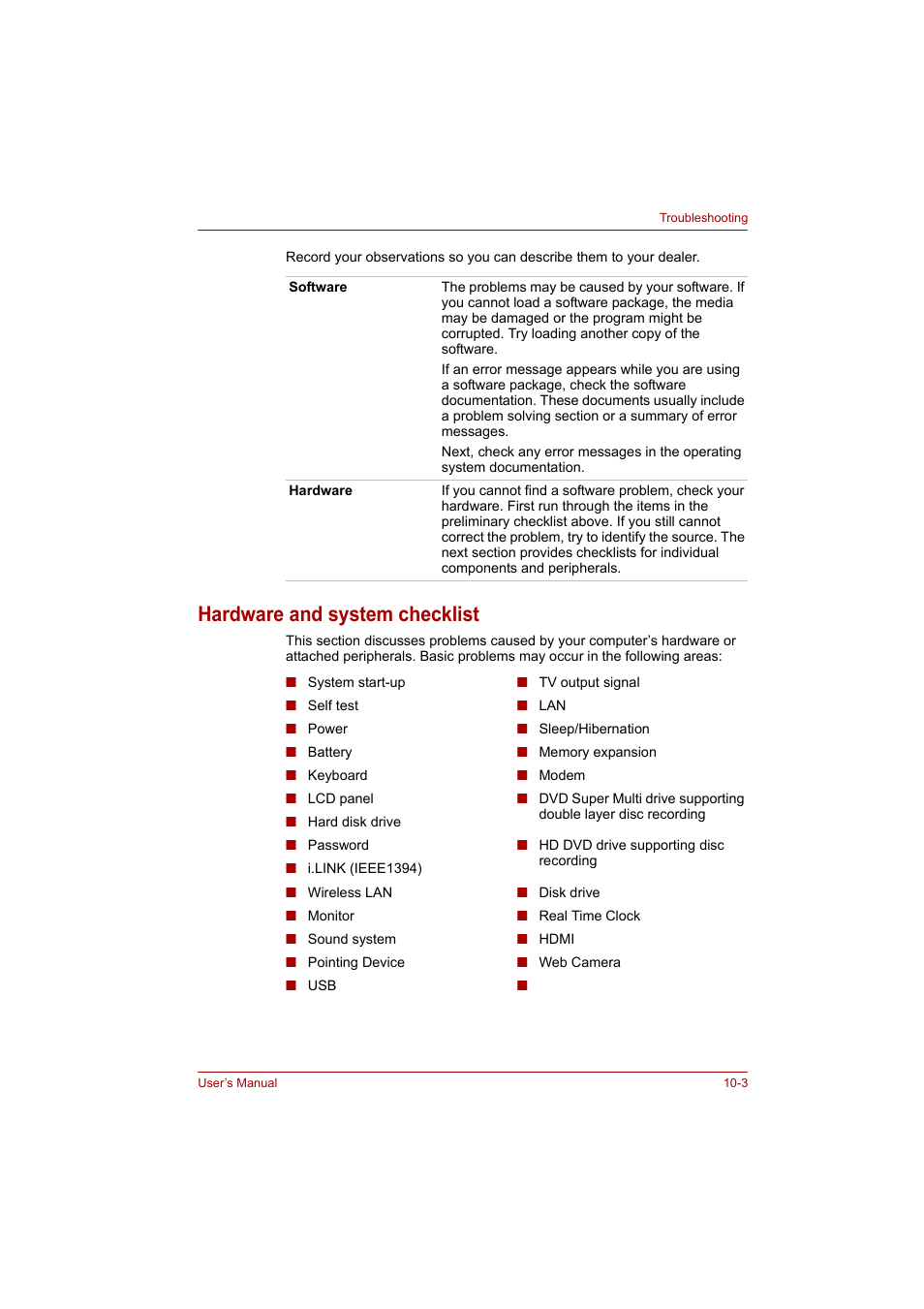 Hardware and system checklist, Hardware and system checklist -3 | Toshiba P200 Series User Manual | Page 146 / 183