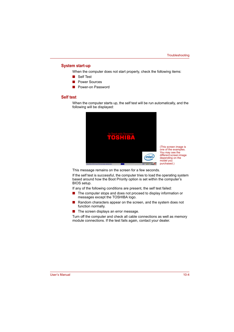 System start-up, Self test | Toshiba P200 Series User Manual | Page 147 / 183