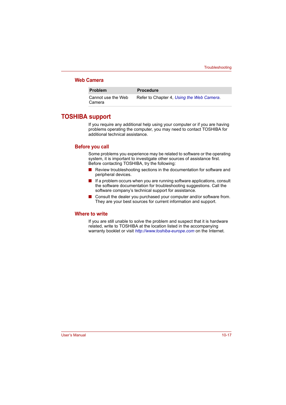 Toshiba support, Toshiba support -17 | Toshiba P200 Series User Manual | Page 160 / 183