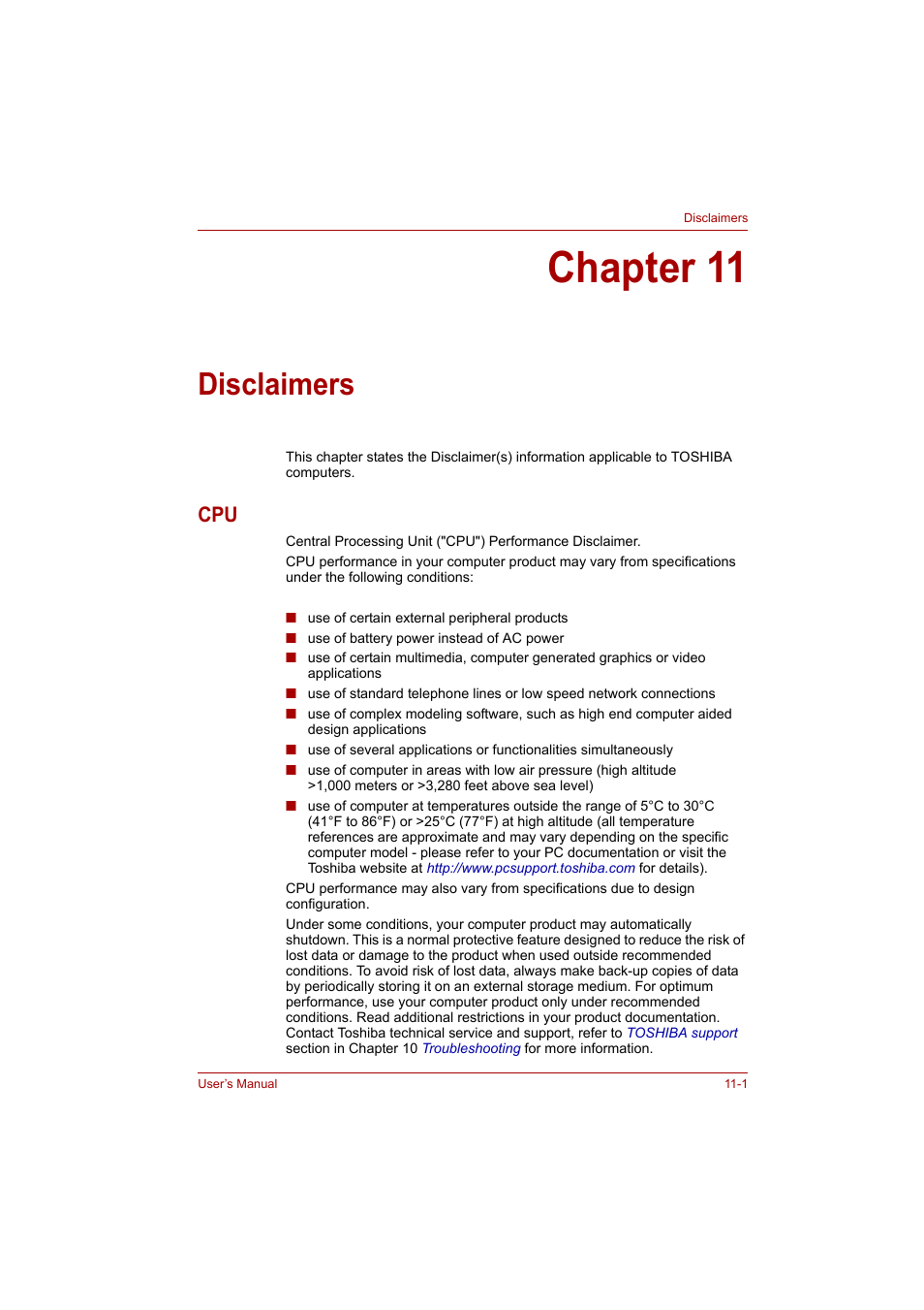 Chapter 11: disclaimers, Chapter 11, Disclaimers | Cpu -1, To the, Section in, U"), please refer to the | Toshiba P200 Series User Manual | Page 161 / 183