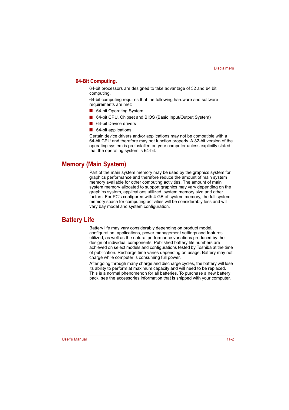 Memory (main system), Battery life, Memory (main system) -2 battery life -2 | Toshiba P200 Series User Manual | Page 162 / 183