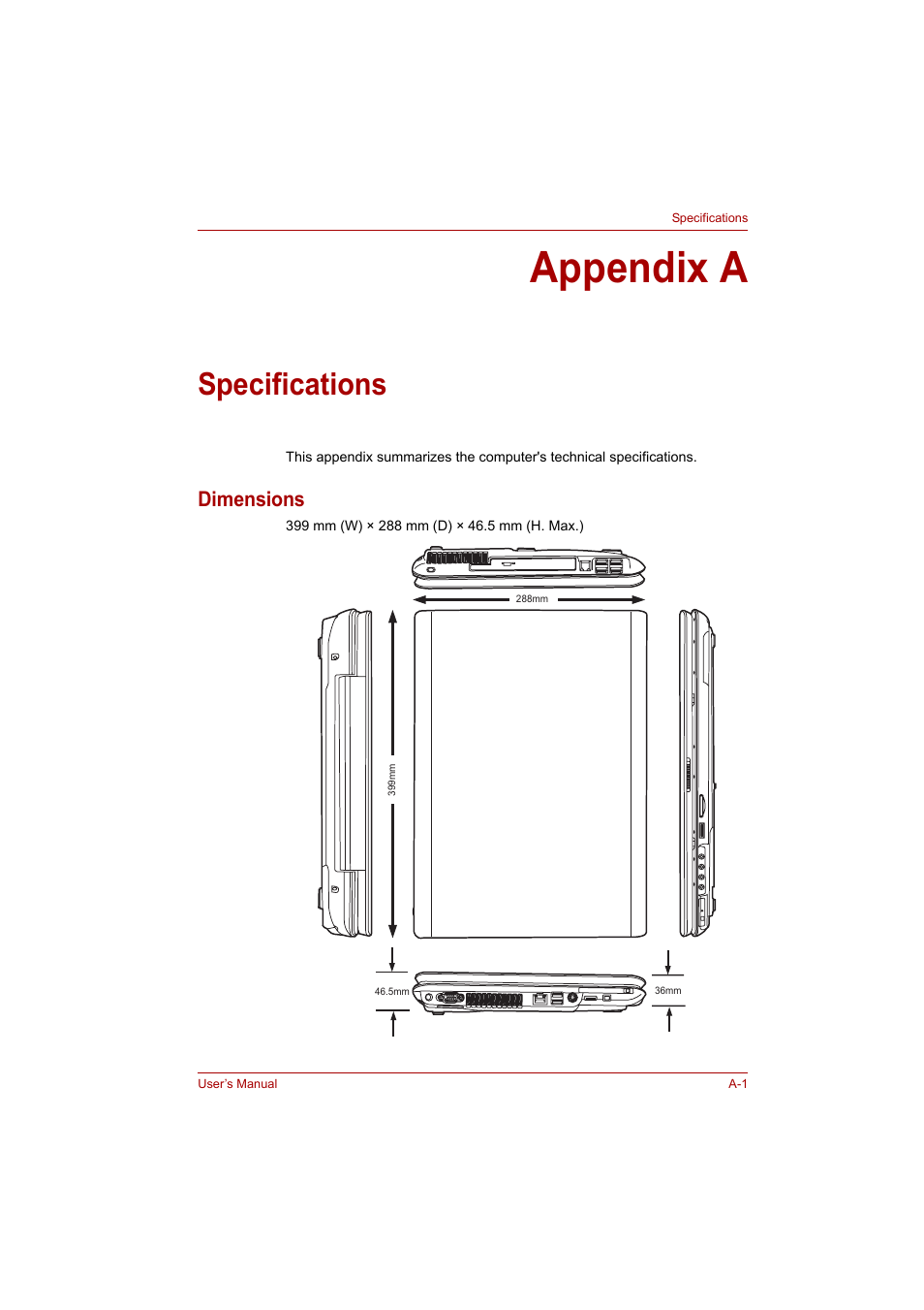 Appendix a: specifications, Appendix a, Specifications | Appendices, Dimensions | Toshiba P200 Series User Manual | Page 165 / 183