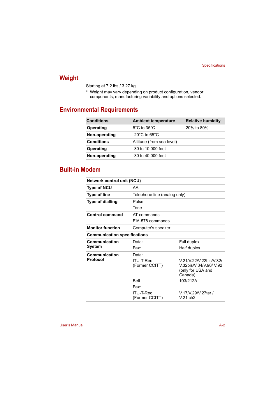 Weight, Environmental requirements built-in modem | Toshiba P200 Series User Manual | Page 166 / 183