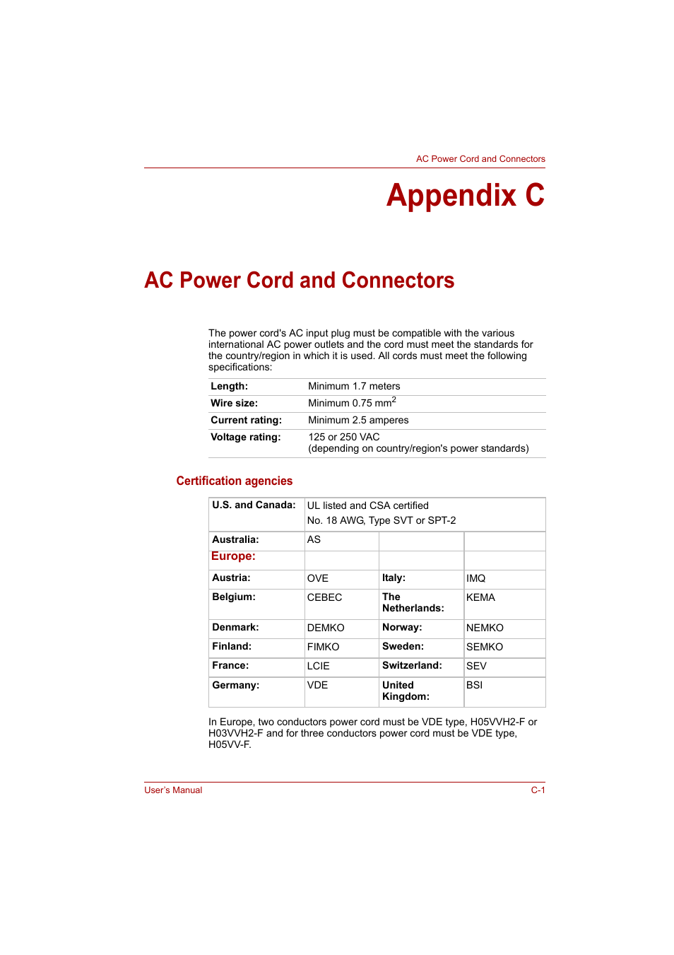 Appendix c: ac power cord and connectors, Appendix c, Ac power cord and connectors | Toshiba P200 Series User Manual | Page 172 / 183