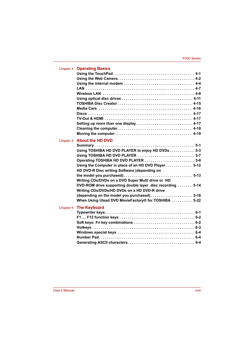 Toshiba P200 Series User Manual | Page 18 / 183