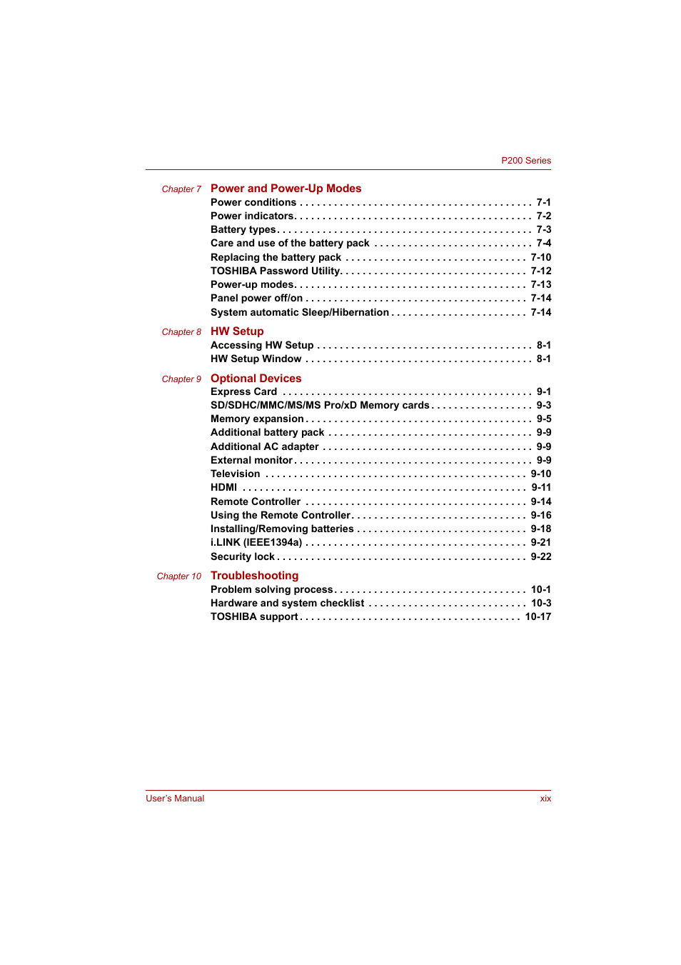 Toshiba P200 Series User Manual | Page 19 / 183