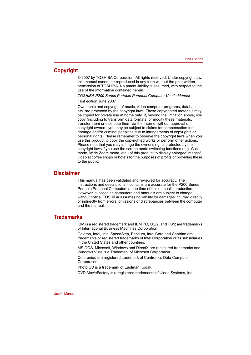 Copyright, Disclaimer, Trademarks | Toshiba P200 Series User Manual | Page 2 / 183