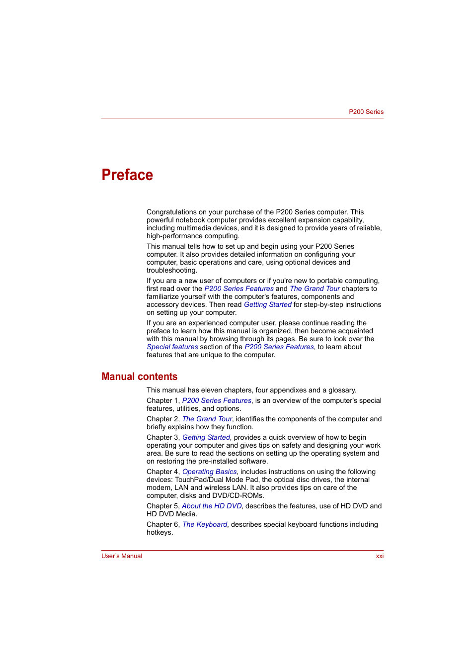 Preface, Manual contents | Toshiba P200 Series User Manual | Page 21 / 183