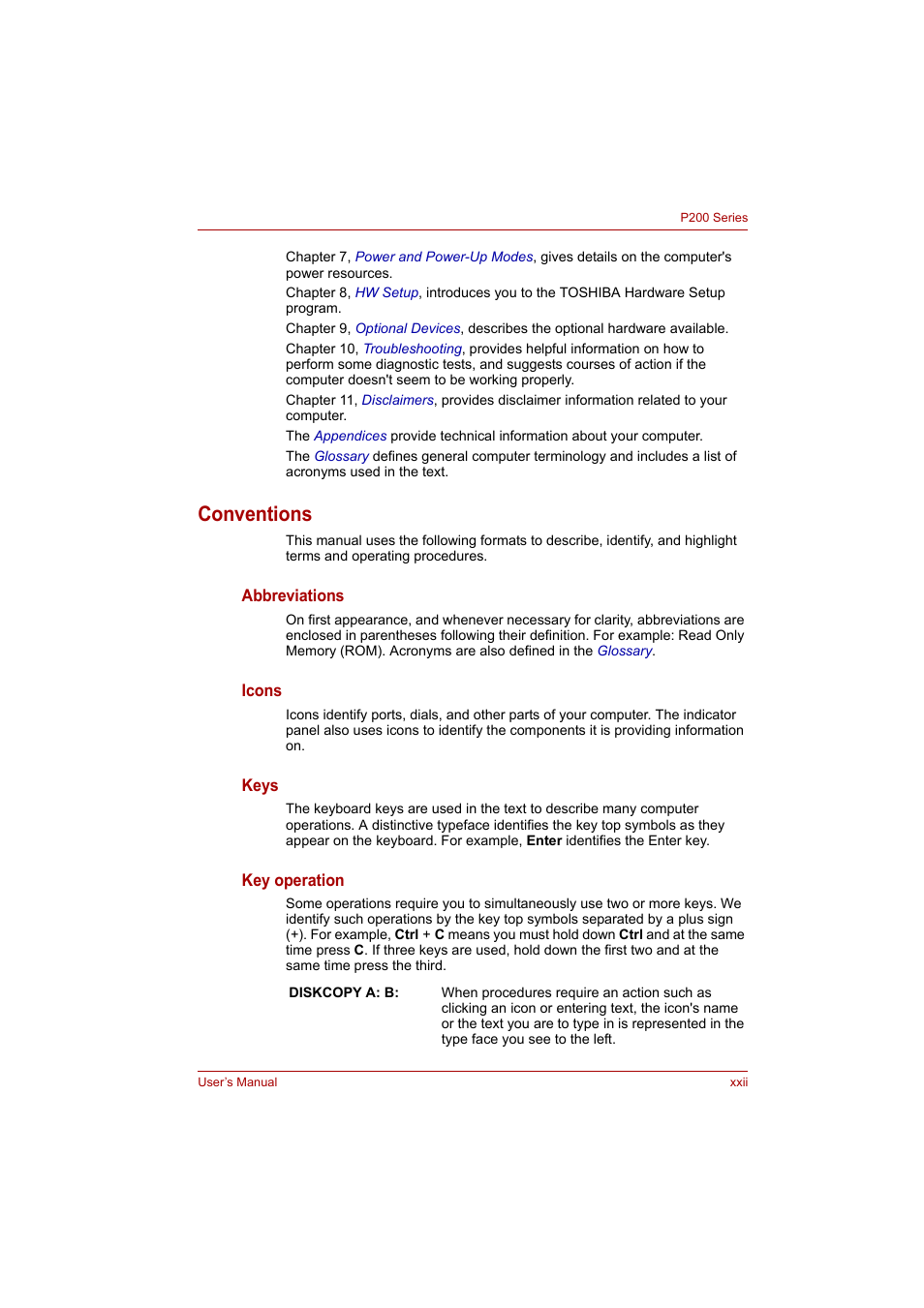 Conventions | Toshiba P200 Series User Manual | Page 22 / 183