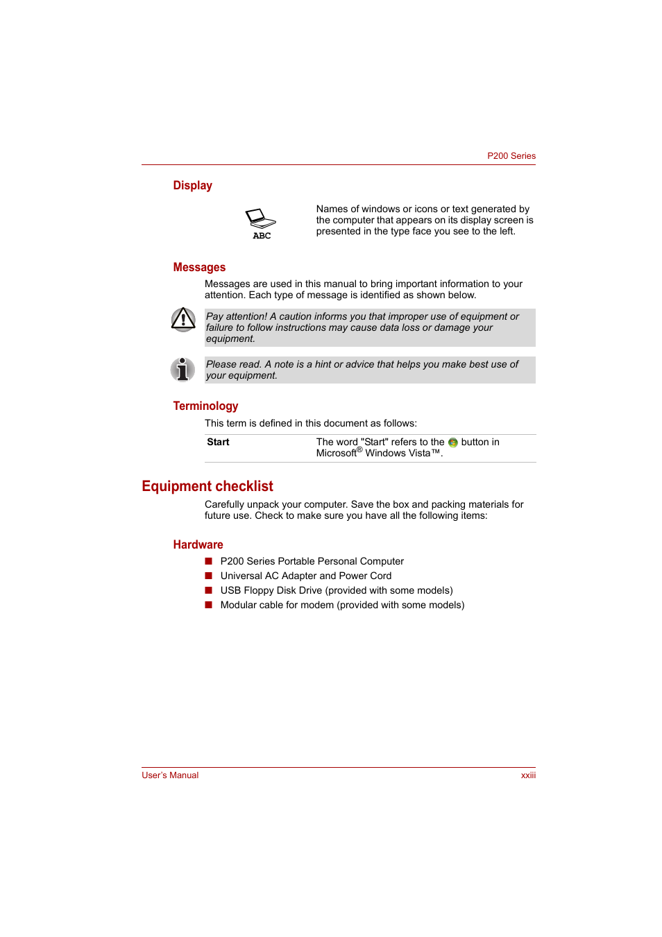 Equipment checklist | Toshiba P200 Series User Manual | Page 23 / 183