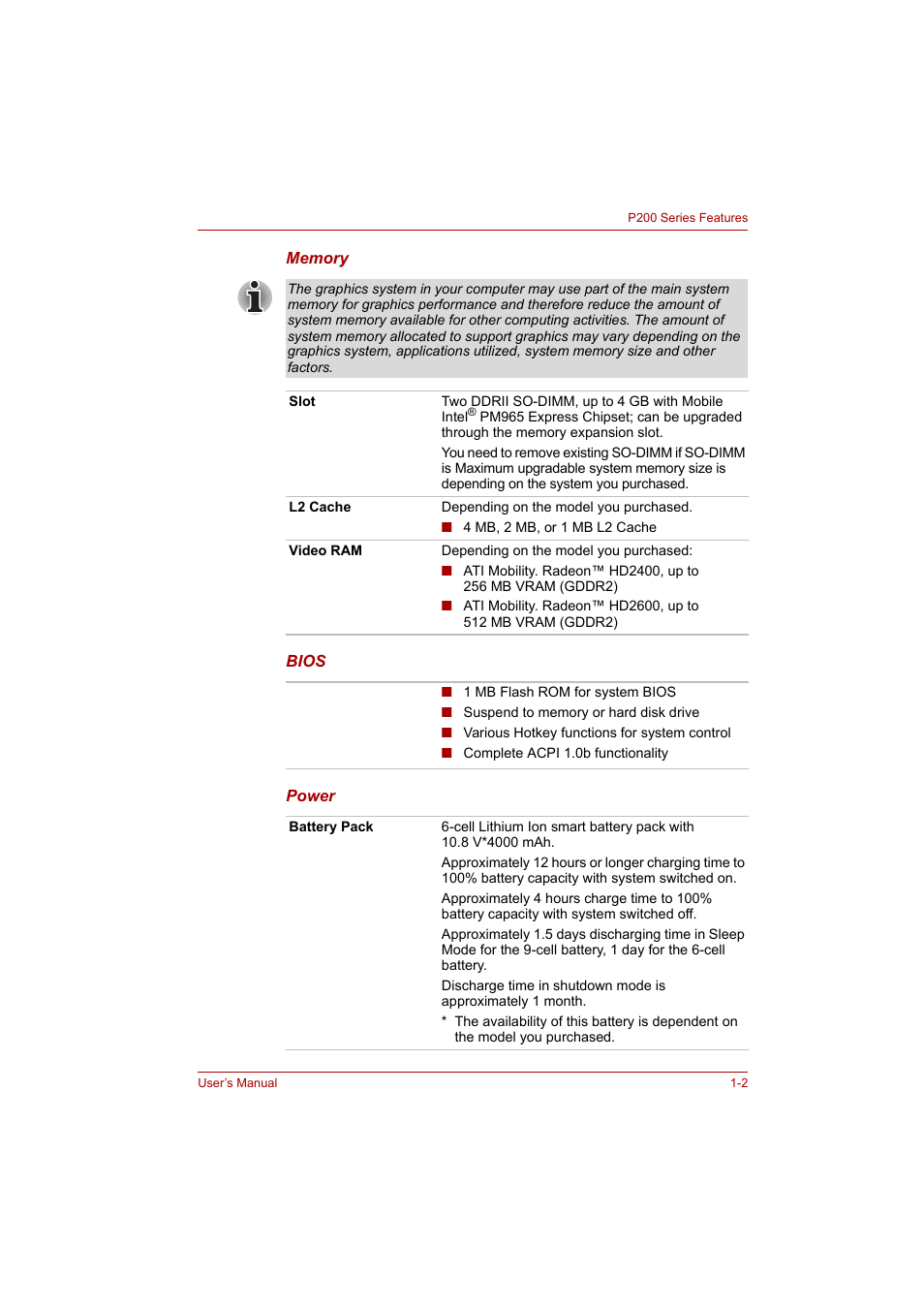 Toshiba P200 Series User Manual | Page 26 / 183