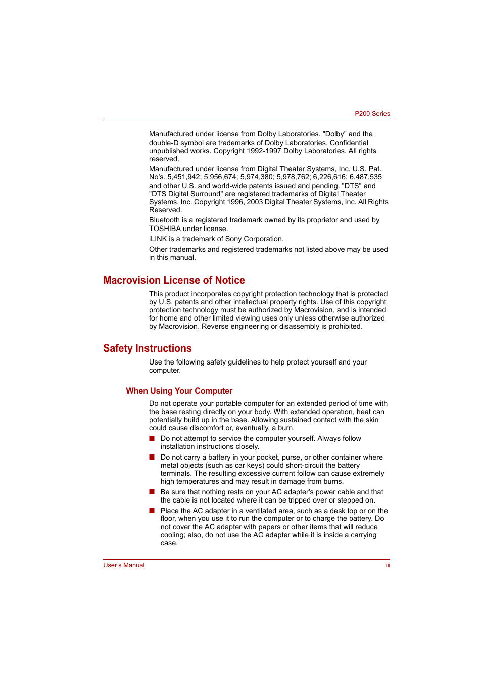 Macrovision license of notice, Safety instructions | Toshiba P200 Series User Manual | Page 3 / 183