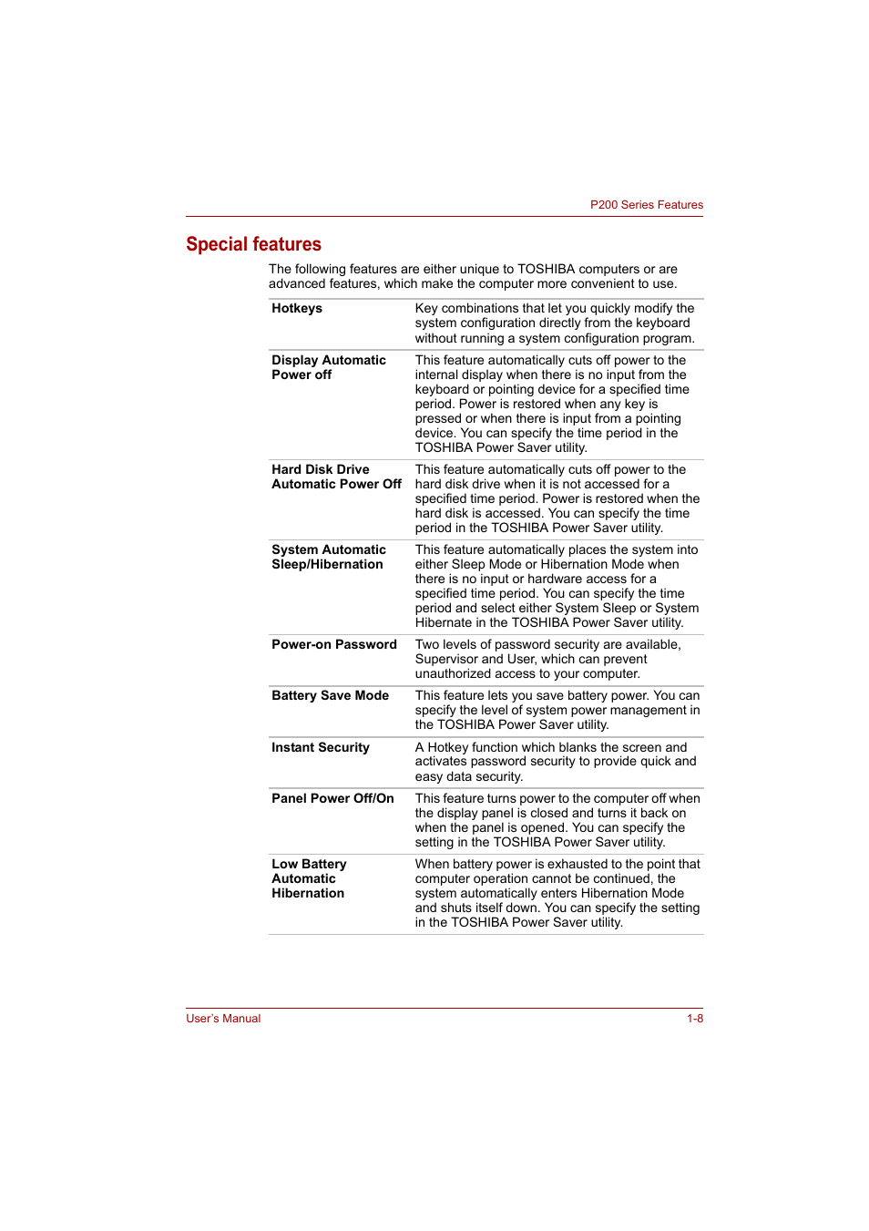 Special features, Special features -8, Secti | Toshiba P200 Series User Manual | Page 32 / 183