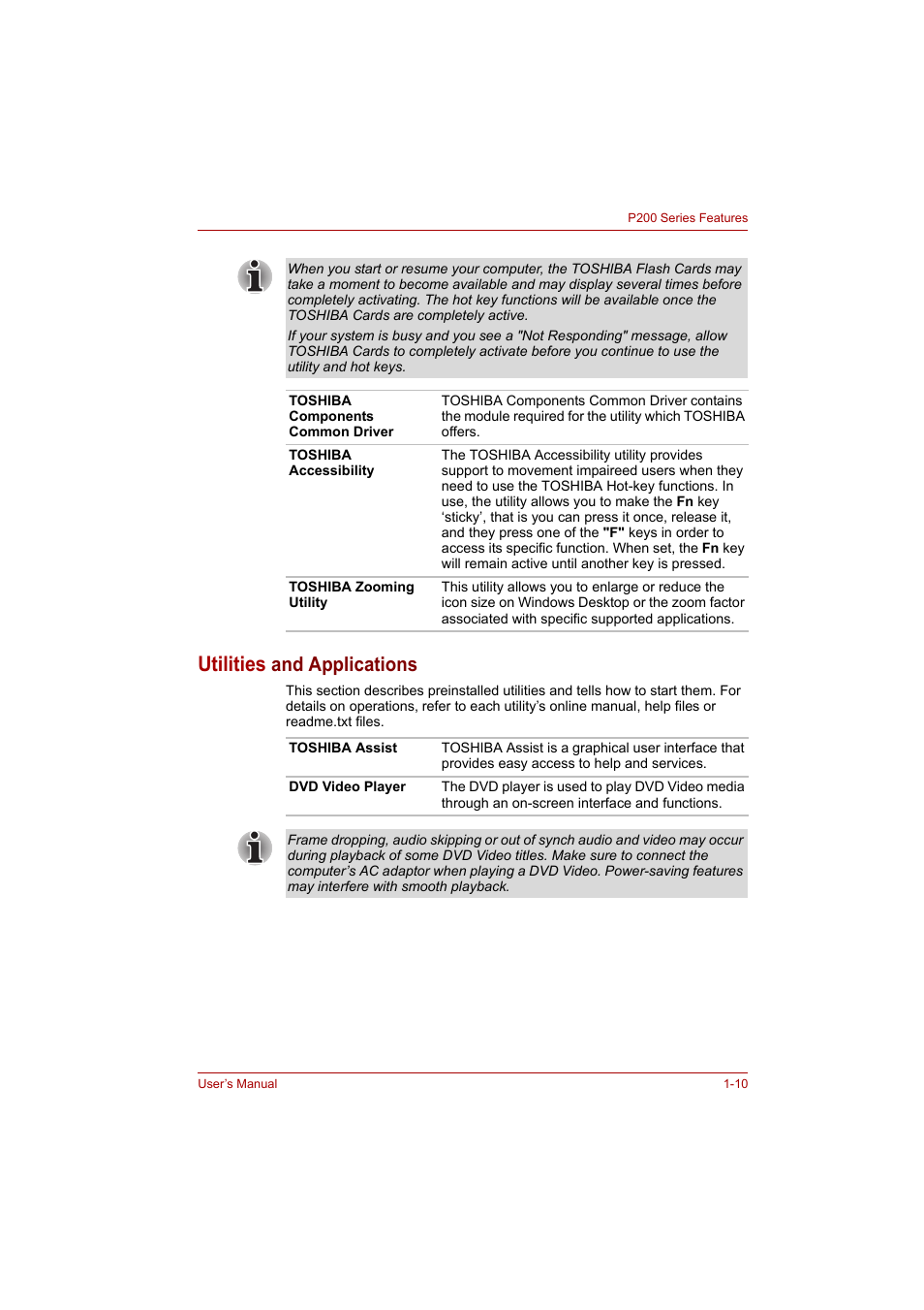 Utilities and applications, Utilities and applications -10, Utilities | And applications | Toshiba P200 Series User Manual | Page 34 / 183