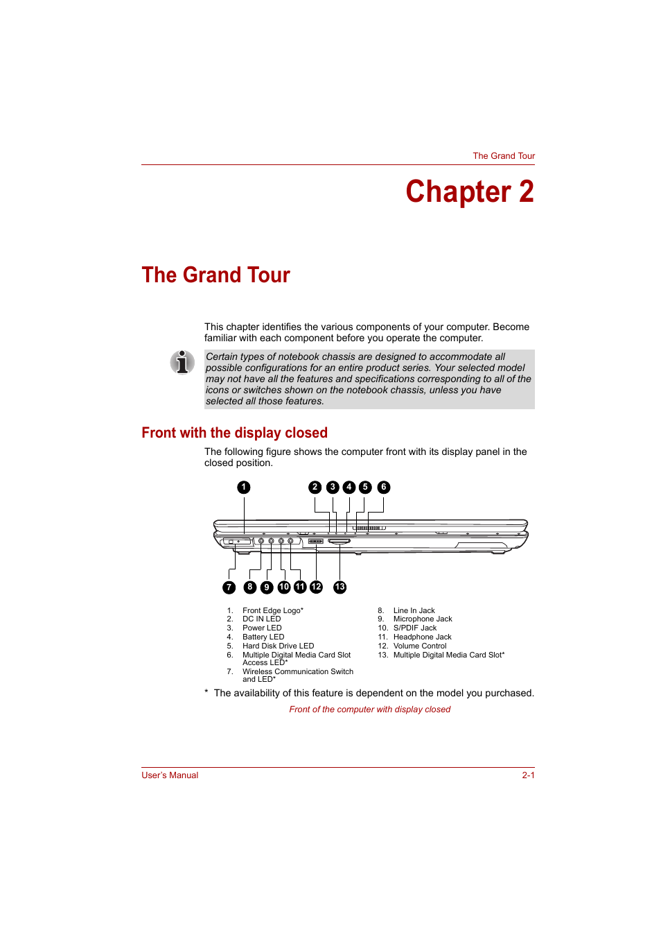 Chapter 2: the grand tour, Front with the display closed, Chapter 2 | The grand tour, Front with the display closed -1, Ter 2 | Toshiba P200 Series User Manual | Page 37 / 183