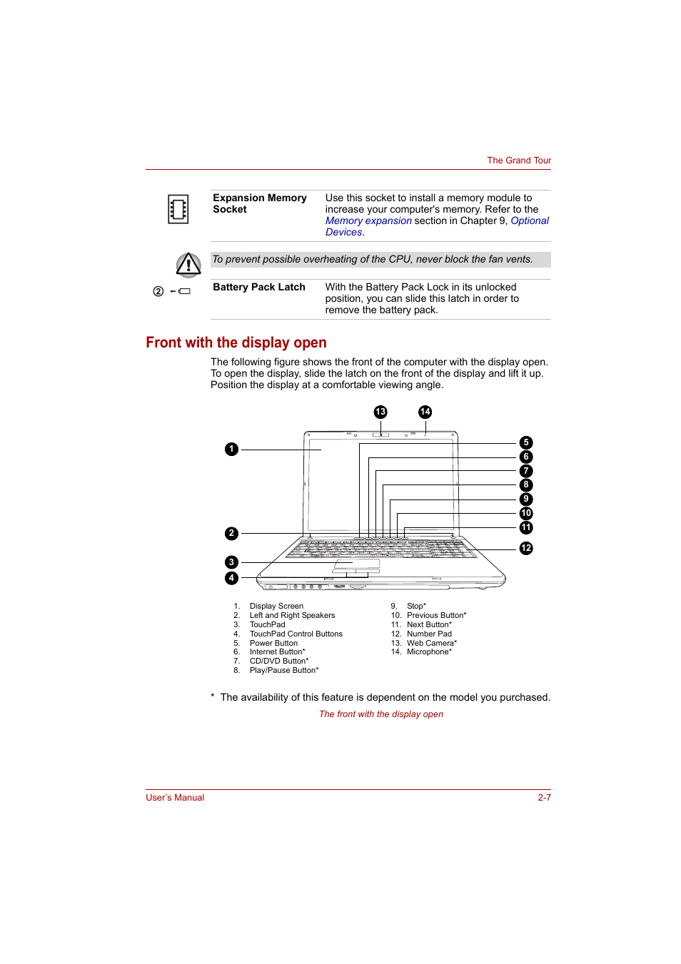 Front with the display open, Front with the display open -7 | Toshiba P200 Series User Manual | Page 43 / 183