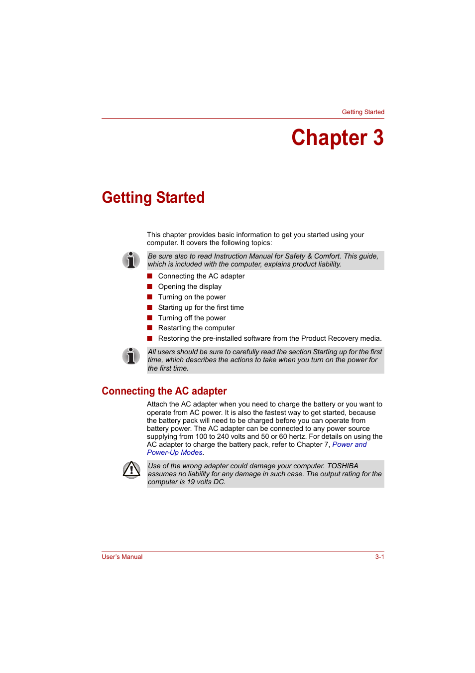 Chapter 3: getting started, Connecting the ac adapter, Chapter 3 | Getting started, Connecting the ac adapter -1, Provi, Getting, Started | Toshiba P200 Series User Manual | Page 49 / 183