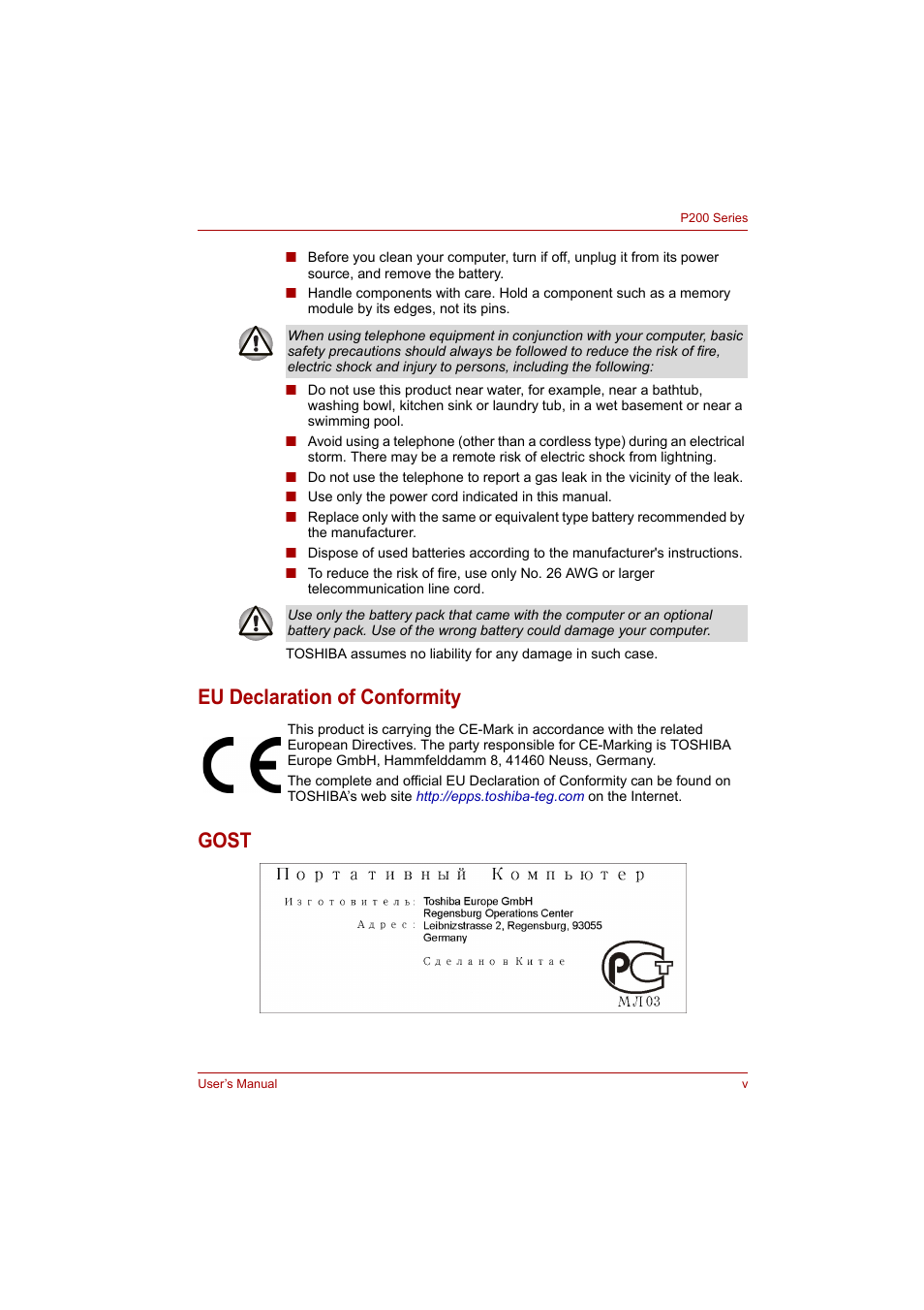 Eu declaration of conformity gost | Toshiba P200 Series User Manual | Page 5 / 183